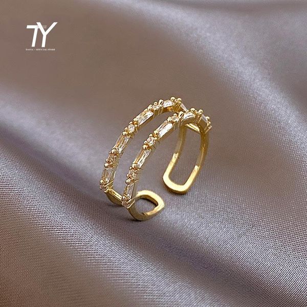 

cluster rings classic zircon gold double layer opening for woman south korea fashion jewelry gothic party girls' luxury ring set, Golden;silver