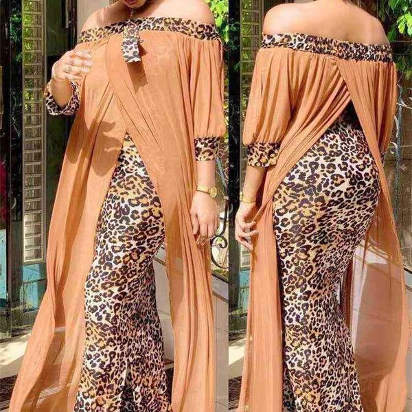 

loose robe large chiffon stitching fake two piece floor length skirt leopard dress for women, Black;white
