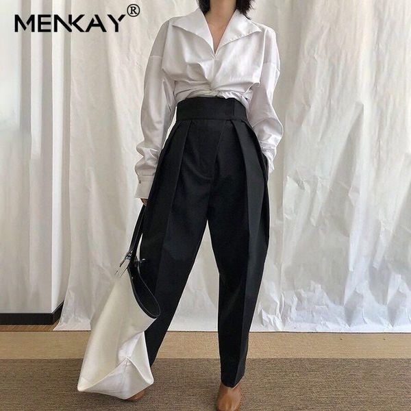 

women's pants & capris [menkay] 2021 autumn harem high waist causal loose trouser for women female clothes fashion elegant, Black;white