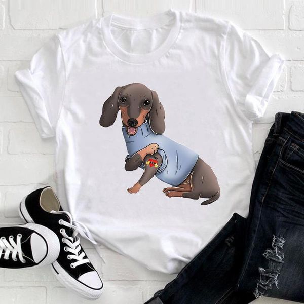 

women cute dog mom cartoon short sleeve funny printing animal clothes print tshirt female tee ladies graphic t-shirt, White