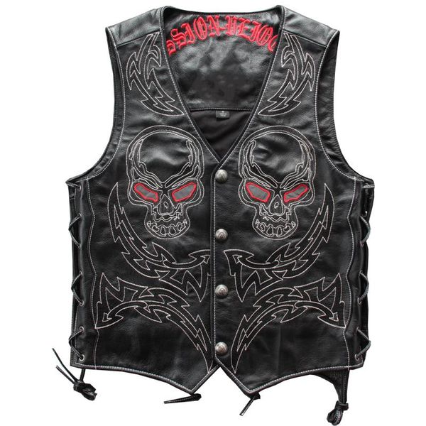 

men's vests 2021 vintage black men skulls embroidery genuine biker's leather plus size xxxxxl slim fit short cowhide riding vest, Black;white