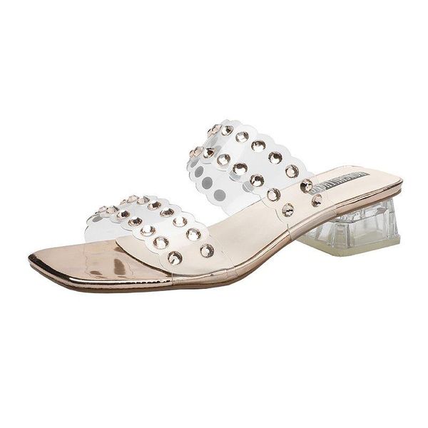 

slippers clear transparent summer rivet crystal ladies shoes women woman mules thick heels casual plus size, Black