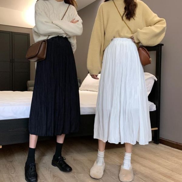 

skirts women draped rib pleated skirt elastic high waist long female autumn ladies quality midi saia, Black