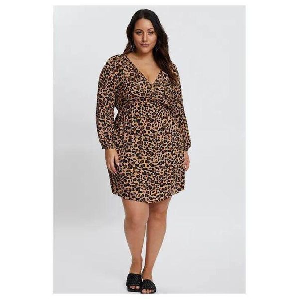 

casual dresses womens autumn pullover long sleeve deep v neck elastic waist leopard printing oversized a line dress, Black;gray