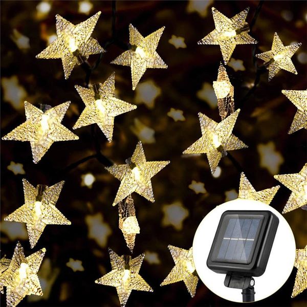 

strings 39ft 100led solar decorative star fairy lights, outdoor waterproof powered string lights for garden, warm white