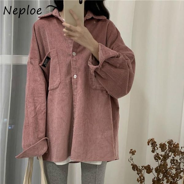 

women's jackets neploe loose corduroy coat retro hongkong style 2021 autumn fashion korean solid pocket turn-down collar women 82106, Black;brown