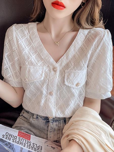 

women's blouses & shirts summer short sleeve chiffon shirt 2021 fashion age reducing temperament v-neck top, White
