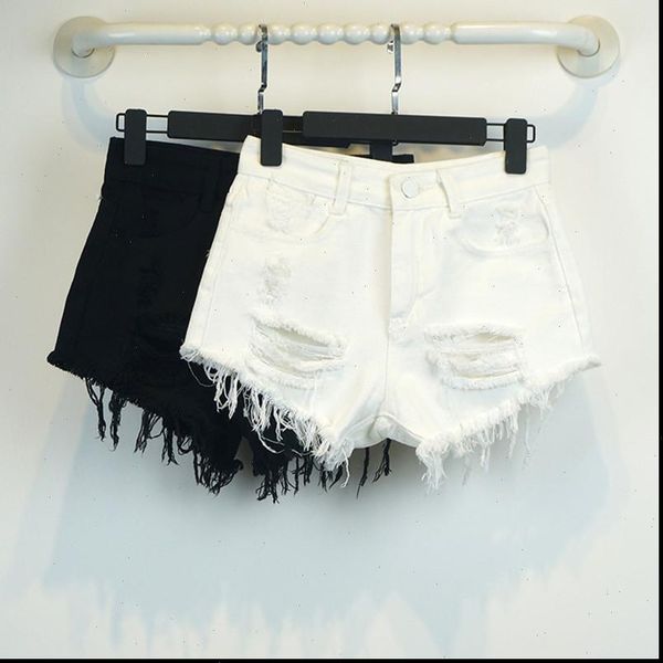 

2021 summer high waist white denim shorts holes women new fashion style slim casual femalehort fringed edge shorts, White;black