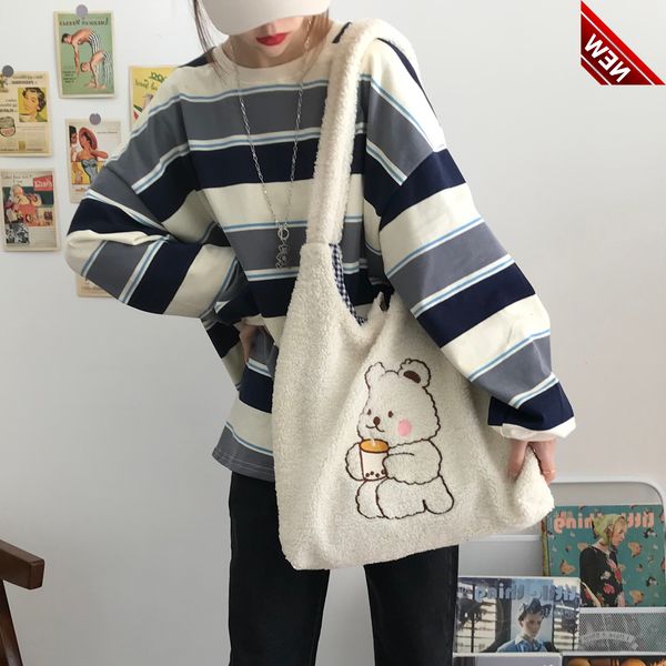 

hylhexyr women canvas tote purse lamb like fabric shoulder bear embroider crossbody handbag casual shopper bag cute for girl