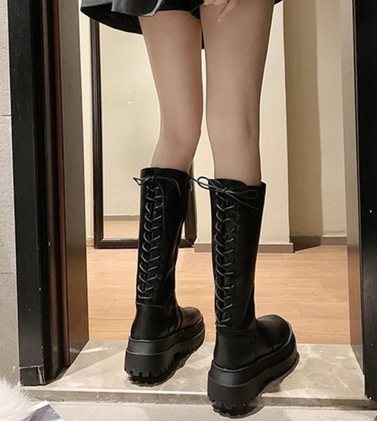 

boots fall winter 2021 british style knights' women's high versatile flat bottomed with back lace, Black