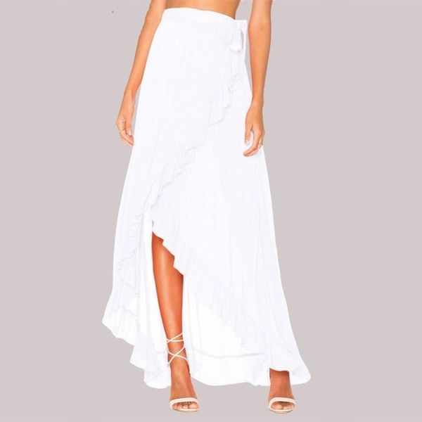 

skirts 2021 est style women boho ruffled chiffon long maxi beach casual sundress irregular skirt pure color, Black