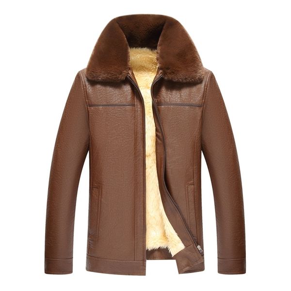 

middle aged and elderly fur collar men's jacket leather coat, Black