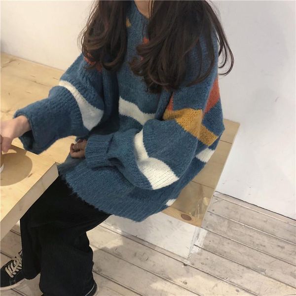 

women's sweaters 2021 sale autumn winter korean style mid-length loose and lazy thickened outer wear western pullover stripe sweater fo, White;black
