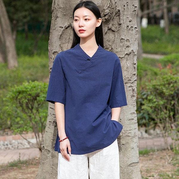 

women's blouses & shirts fairynatural ladies v-neck shirt 2021 summer retro cotton linen button women loose blouse simple short sleeve, White
