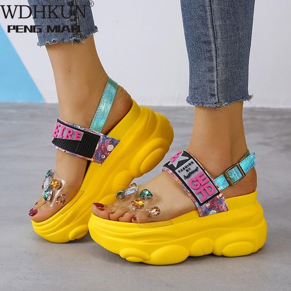 

34-41 big size for women 9cm/3.5 inch height wedge sandals thick bottom female fashion high heels chunky platform crystal shoes, Black