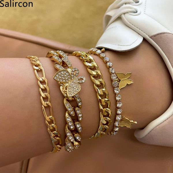 

anklets cuban luxury full rhinestone butterfly for women statement chunky iced out foot jewelry tennis chain, Red;blue