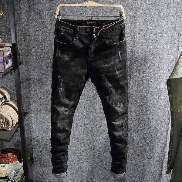 

2021 new fashion streetwear retro black slim fit elastic ripped men denim pencil pants japanese vintage designer jeans 47vq, Blue