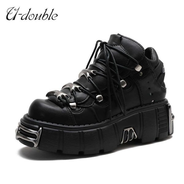 

u-double brand punk style women shoes lace-up heel height 6cm platform shoes woman gothic ankle boots metal decor woman sneakers 210911, Black