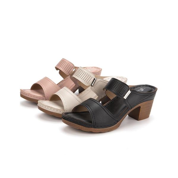 

2021 new women's sandals summer casual shoes for female soft leather fabric high-heeled large size comfortable footwear, Black