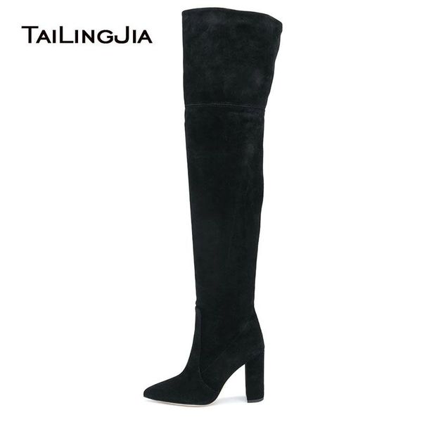 

boots tailingjia 2021 ladies large size winter shoes pointed toe black faux suede chunky high heel thigh for women