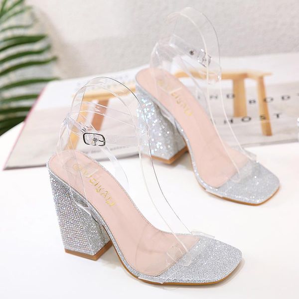 

slippers rhinestone sequined word with buckle thick-soled super high-heeled women's sandals square toes transparent shoes, Black