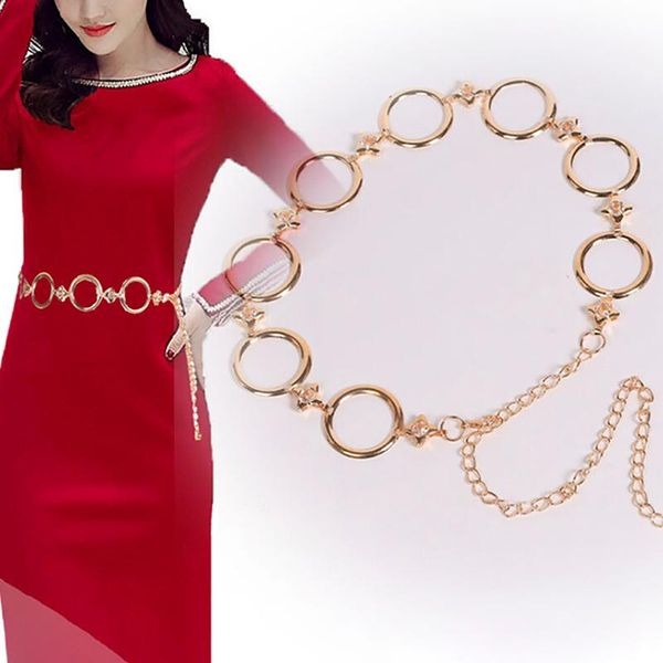 

belts 1x women fashion round chain belt female gold waist dress thin metal 110cm long designer tassel fringe chains, Black;brown