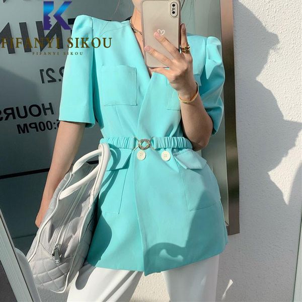 

women's suits & blazers summer blazer jacket women 2021 pocket v-neck fashion belt short sleeve suit ladies casual loose coat, White;black