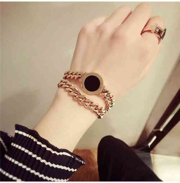 

charm bracelets 01 fan'er ol elite roman digital disc shell agate double circle thick chain titanium steel bracelet, Golden;silver