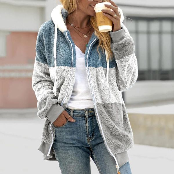 

women's jackets winter women jacket warm plush casual loose hooded coat mixed color patchwork outwear faux fur zipper ladies parka, Black;brown