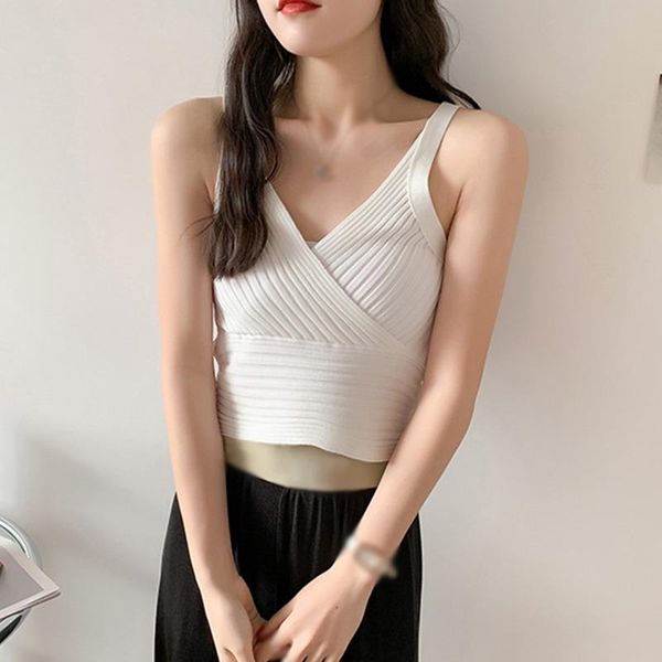 

women's tanks & camis fashion v-neck knitted tank summer sleeveless sling bottoming ladies halter short vest, White