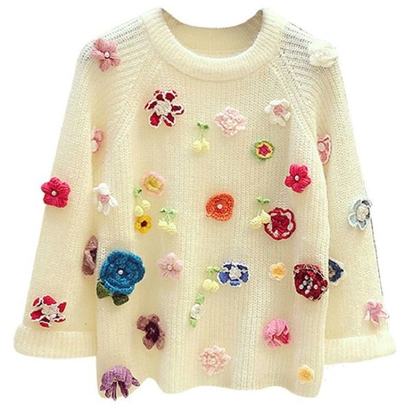 

sweet frizzy handicraft flower women's sweaters around the neck long sleeve 2021 autumn and new loose winter meshes pull femme 10fj, White;black