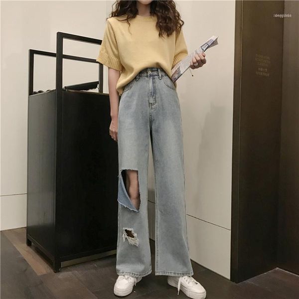 

women's jeans young high waist thin holed straight trousers cropped pants1, Blue