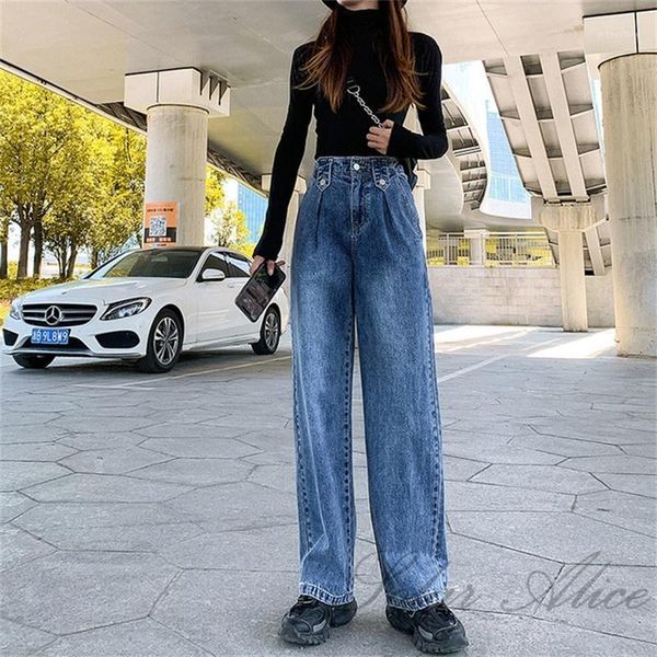 

women's jeans 2021 autumn straight high waist loose wide leg slacks, Blue