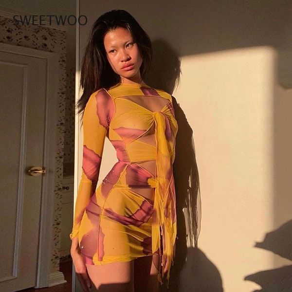 

casual dresses women's retro transparent bandage woman autumn chic mesh street clothing mini dress, Black;gray