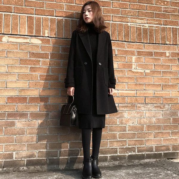 

women autumn vintage wool blend coat female slim button long sleeve mid-long jacket lady casual solid oversize outwear f2461, Black