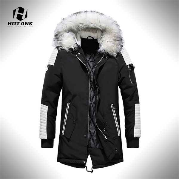 

men winter jacket parkas fur collar coat fashion thicken cotton warm fleece liner jackets mens patchwork casual coat 211129, Black