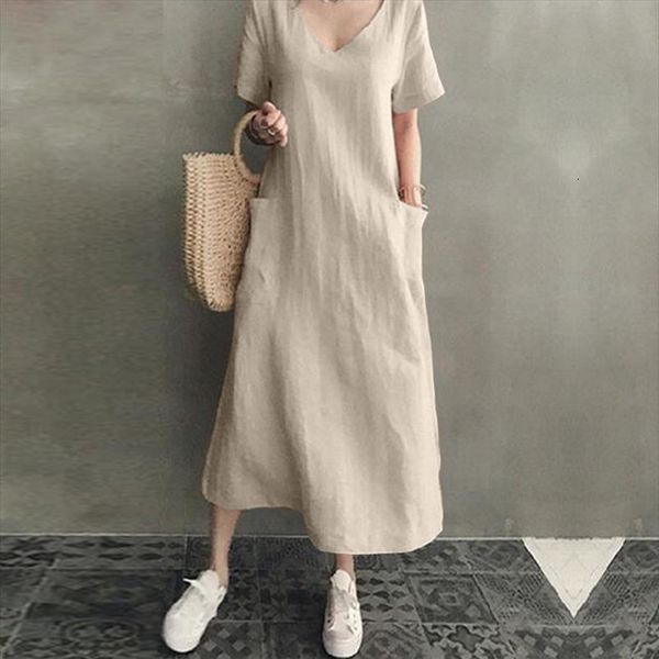 

long maxi summer casual women dress cotton linen big pockets beach party robe femme vestidos, Black;gray
