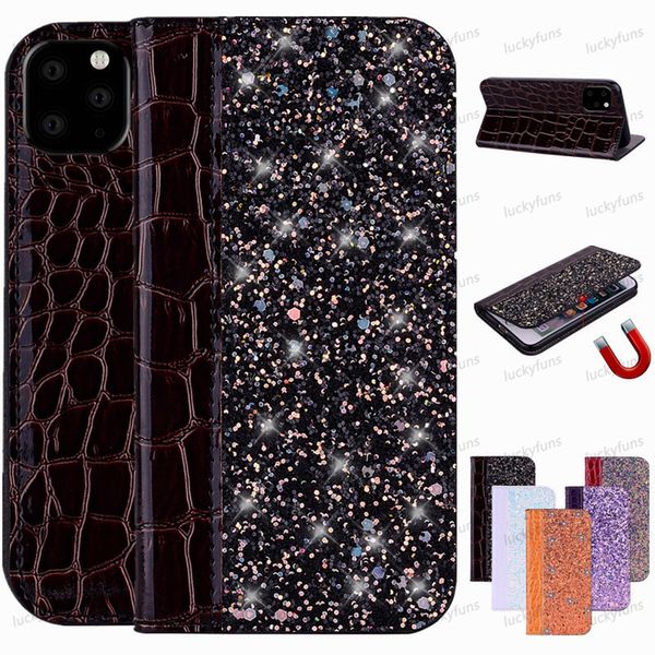 Bling Strass Brieftasche Handyhüllen für iPhone 12 Mini 11 Pro X XR XS Max 7 8 Plus Motorola MOTO G6 G7 G5S Krokodilmuster PU Leder Flip Stand Magnethülle