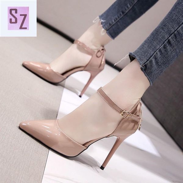 

dress shoes stiletto high heels women's 2021 spring and summer pointed shallow mouth hollow bow tie word buckle single, Black