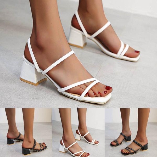 

sandals women's shoes summer slip-on white fashion square toe thick heel roman slim strap 2021, Black