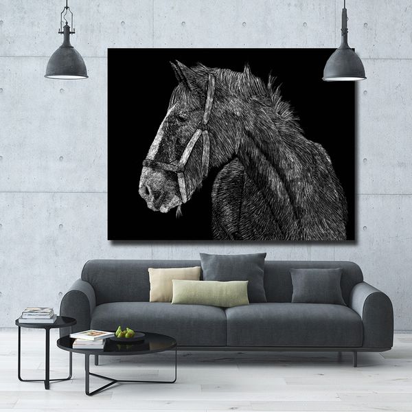 Semplice cavallo da tiro in bianco e nero immagine animale arte per soggiorno decorazione della parete di casa poster stampato su tela