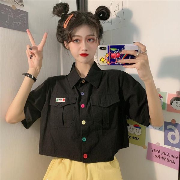 

women's t-shirt women summer fashion short sleeve sweet woman single-breasted t-shirts korean preppy cute all-match loose chic, White