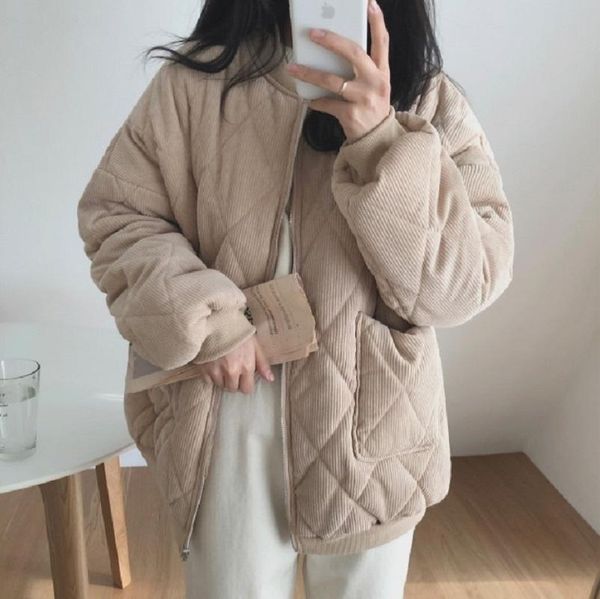 

women's down & parkas 2021 autumn winter women thick jackets v-neck puffer corduroy high-quality warm oversize vintage wild coat, Black