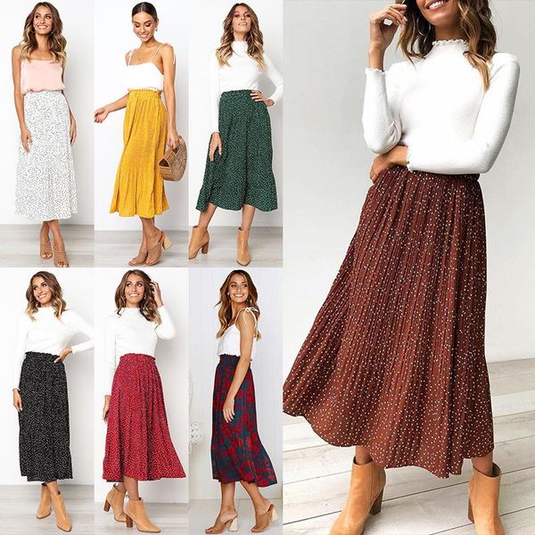 

skirts 2021 elegant female white dots floral print pleated midi skirt women elastic high waist side pockets summer, Black