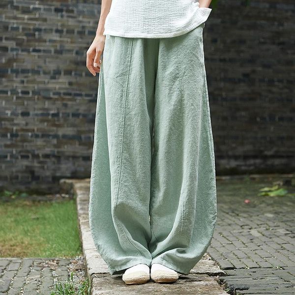 

women's pants & capris johnature autumn solid color pockets loose 2021 women vintage elastic waist cotton linen wide leg full length, Black;white