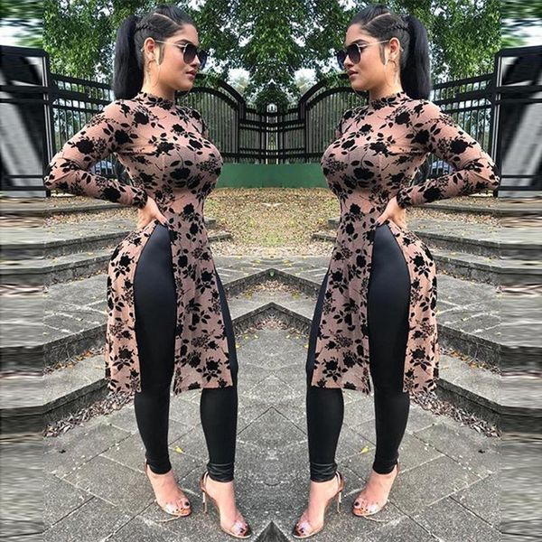 

2021 spring women fashion mesh print long high collar high split casual shirts long sleeve womens shirts roupas feminina, White