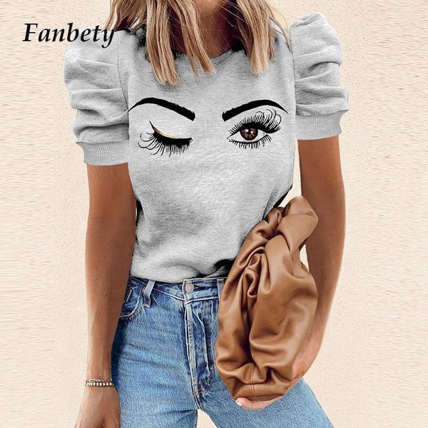 

women's t-shirt women vintage puff sleeve tee shirt 2021 summer elegant eyes print lady pullover casual o neck loose heart blusa stree, White