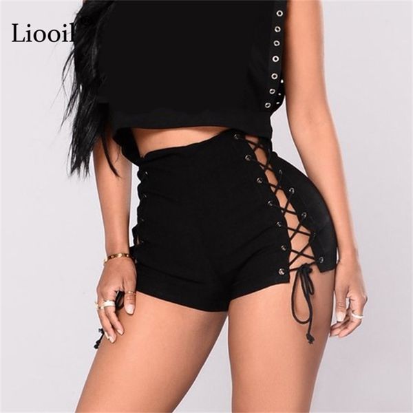 Liooil Sexy bandage jeans shorts femmes rave vêtements streetwear creux out taille haute jean court corpus noir denim 210714