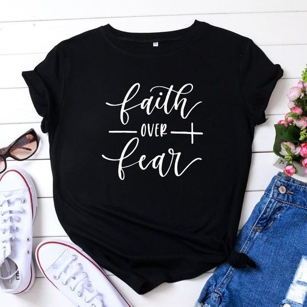 

women's t-shirts casual cotton t shirts faith over fear letter print tshirt female loose basic tees oversized, White