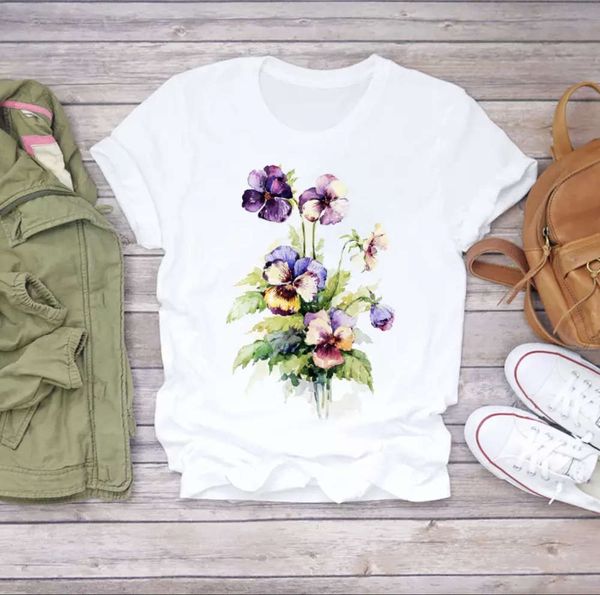 

summer new flower seri printed women's t-shirt, White